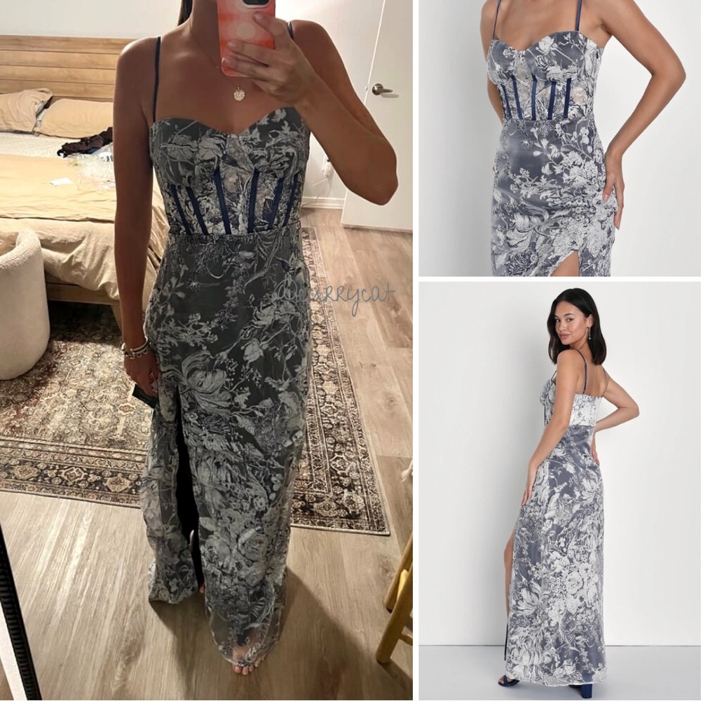 Lulus Classical Charisma Navy Blue and White Floral
Bustier Maxi Dress